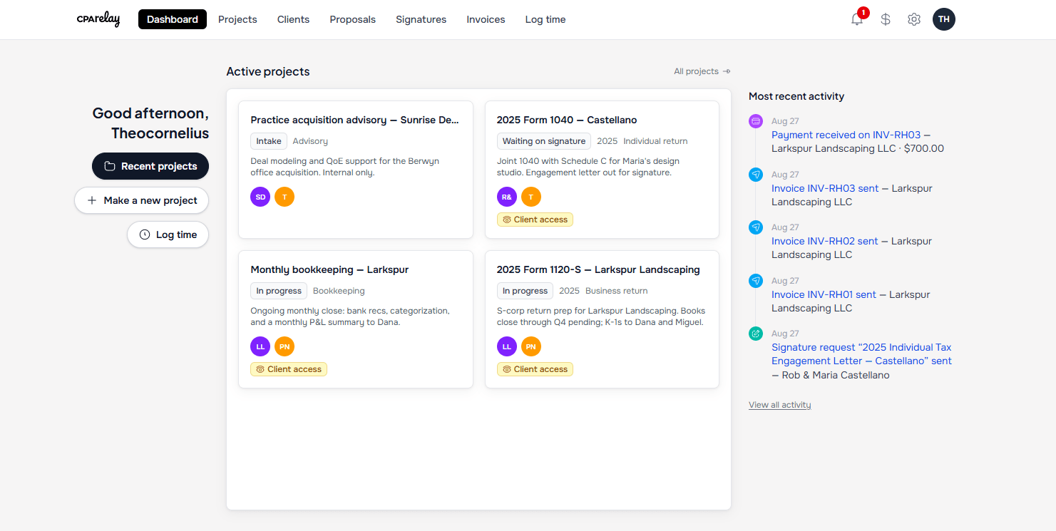 CPArelay dashboard showing active client projects with statuses, client access badges, and a recent activity feed of invoices, payments, and signature requests