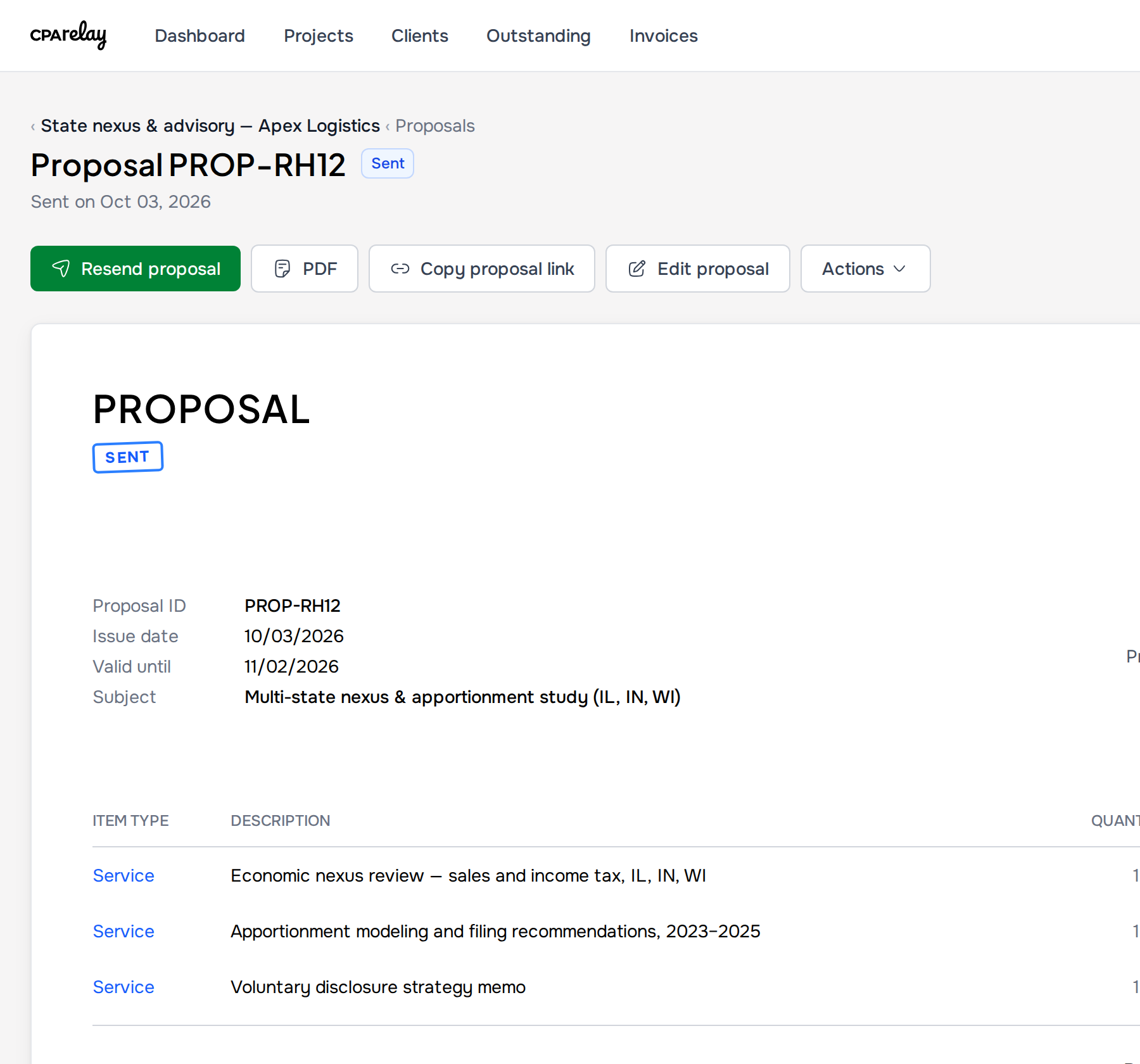 Proposal details and staged invoice conversion in CPA Relay