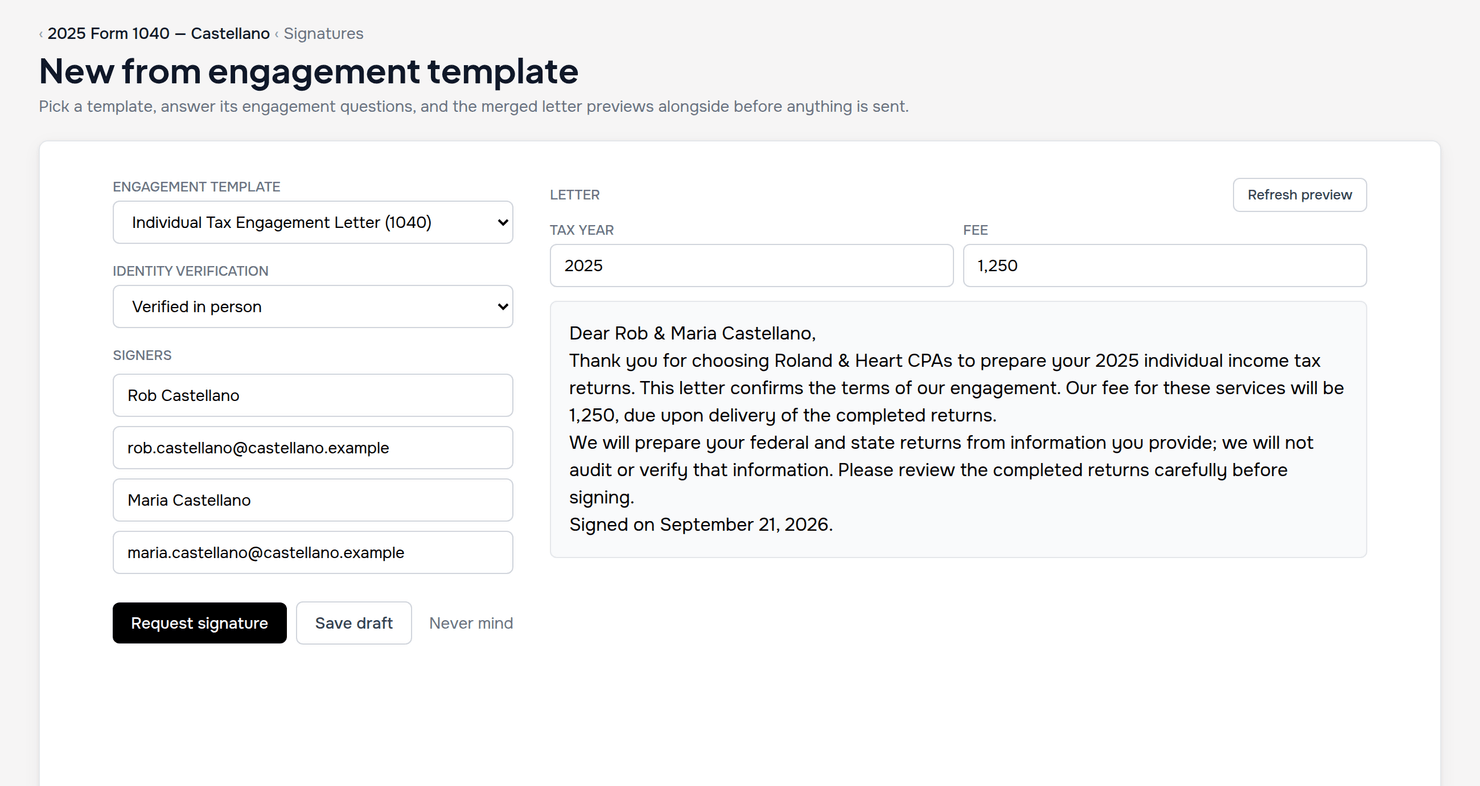 CPA Relay engagement letter template editor with automatic merge fields and live PDF preview