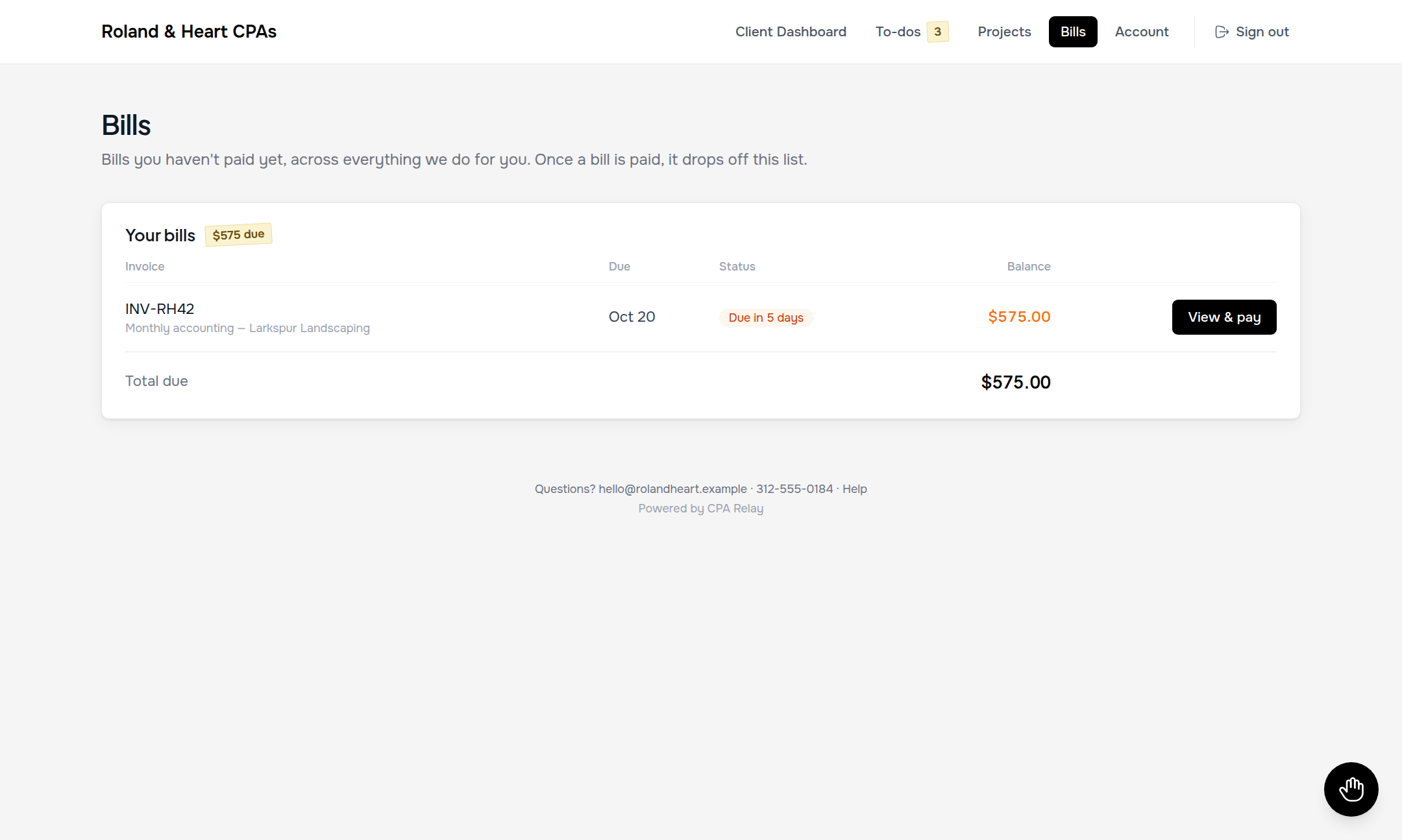 Client portal Bills page with outstanding invoices table, total due, and View & pay