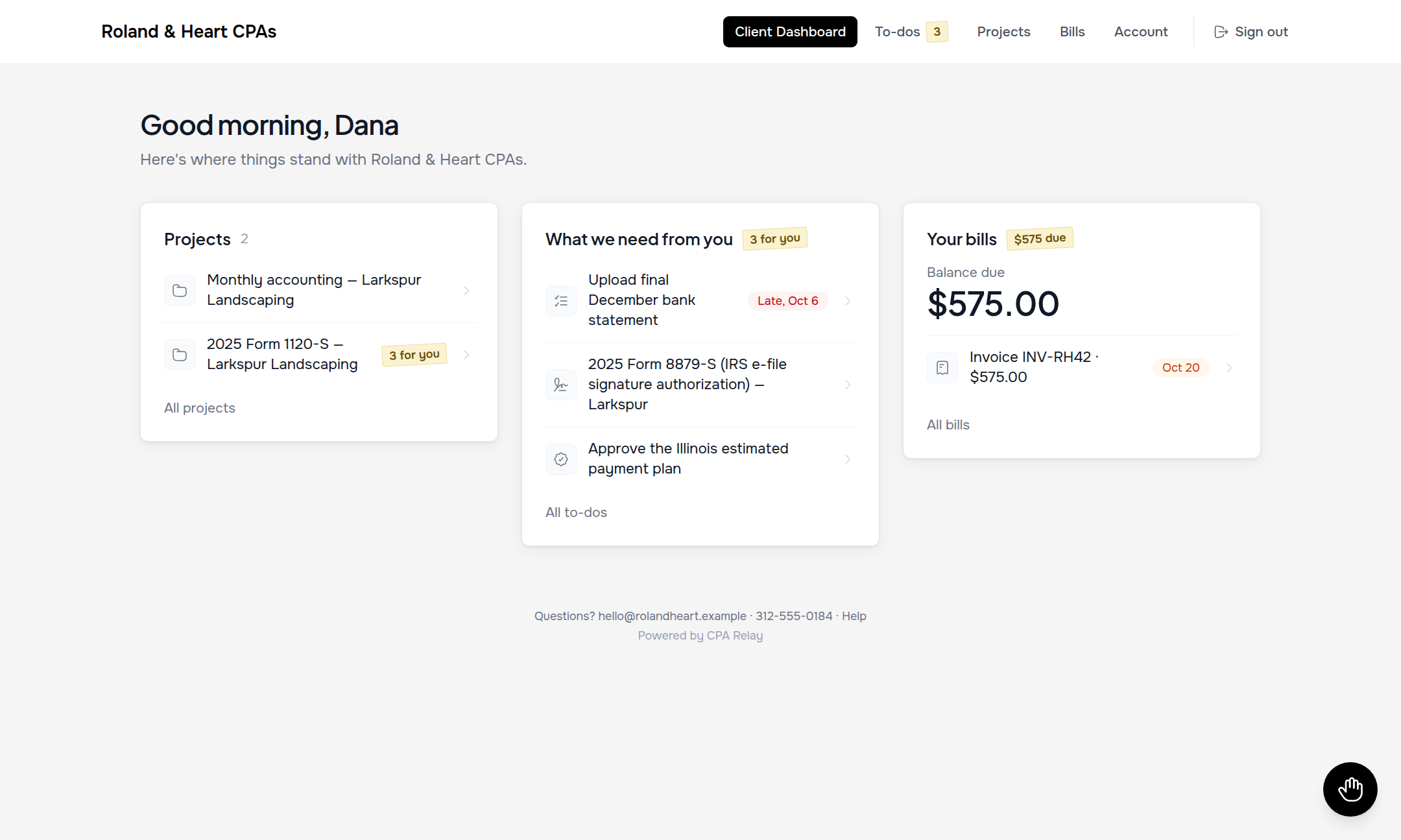CPA Relay 3-card Client Dashboard showing active projects, what we need from you, and your bills