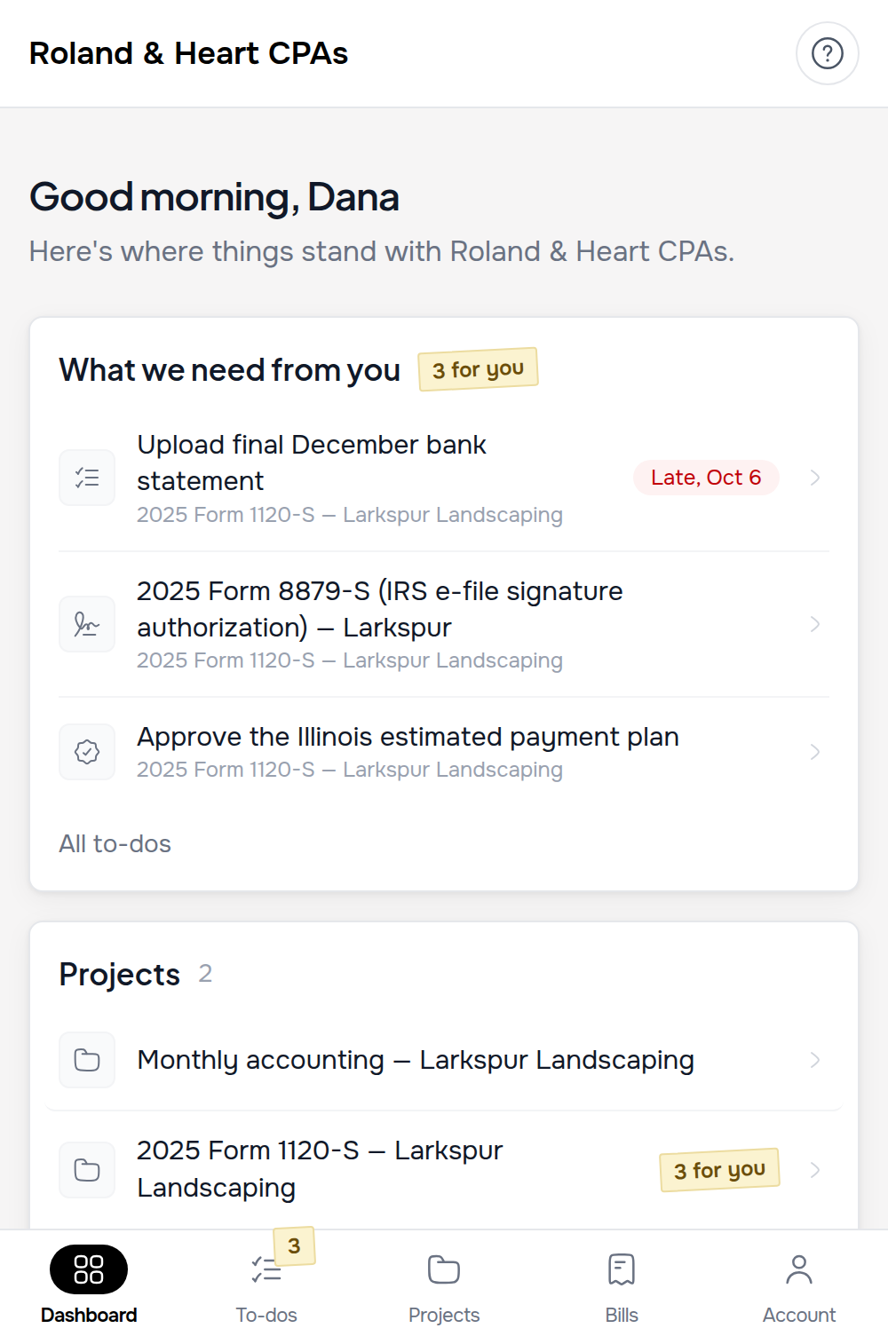 CPA Relay mobile client dashboard with bottom 5-tab bar