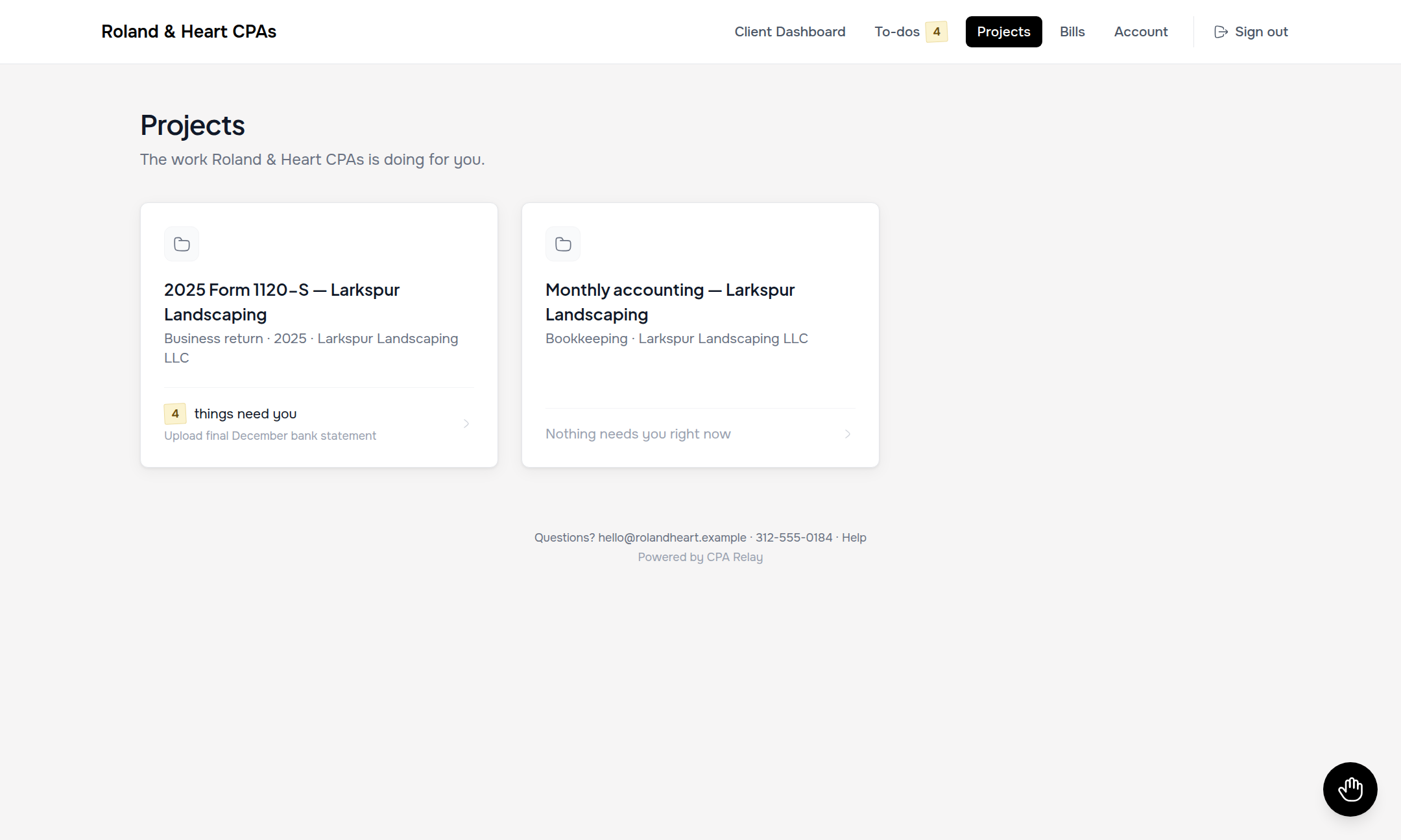 CPA Relay client portal Projects page showing 3-column card grid with folder icon tiles and attention tags